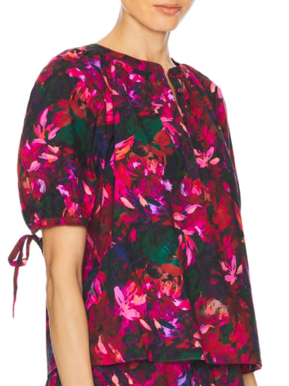 ULLA JOHNSON 'Vienne' Floral-Print Puff-Sleeve Cotton Top, Hibiscus